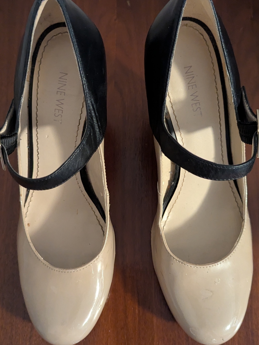 Nine West Two-Tone Mary Jane Wedge Pumps in Beige and Black